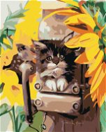 Malen nach Zahlen - Katze in einer Kabine und Sonnenblumen, 80x100 cm, Leinwand auf Keilrahmen - Malen nach Zahlen