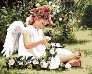 Painting by numbers - Angel among flowers, 50x40 cm, stretched canvas on frame - Painting by Numbers