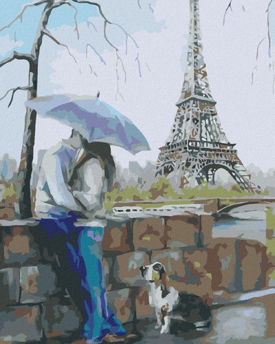 Painting by Numbers - Lovers with a Dog at the Eiffel Tower, 40x50 cm, stretched canvas on frame - Painting by Numbers - Main image