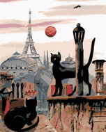 Painting by Numbers - Black Cats and the Eiffel Tower in the Distance, 40x50 cm, without frame and w - Painting by Numbers