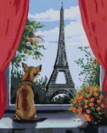 Painting by numbers - Dog in the window and view of the Eiffel Tower, 40x50 cm, stretched canvas on  - Painting by Numbers