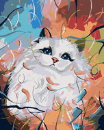 Diamondi - WHITE CAT AND COLOURFUL BACKGROUND, 40x50 cm, off canvas on frame - Diamond Painting