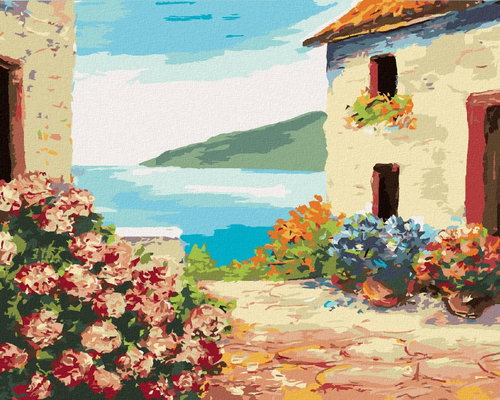 Diamondi - HOUSE BY THE SEA AND FLOWERS, 40x50 cm, unframed and without canvas - Diamond Painting - Main image