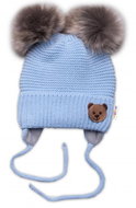BABY NELLYS Zimní čepice s fleecem Teddy Bear - chlupáčk. bambulky - sv. modrá, šedá - Zimní čepice