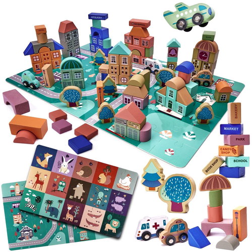 KIK Wooden blocks with mat city 133 pcs - Wooden Blocks - Main image