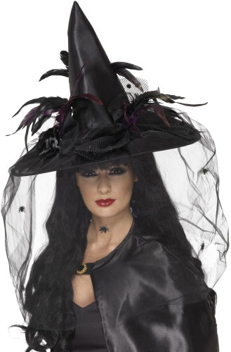 Smiffys Witch hat with feathers and veil black - Costume Accessory - Main image