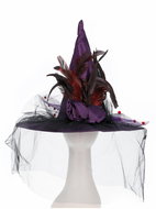 Smiffys Witch hat with feathers and veil purple - Costume Accessory