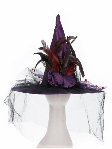 Smiffys Witch hat with feathers and veil purple - Costume Accessory - Main image