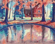 Červený dům v lese s magickým jezerem, 80×100 cm, bez rámu a bez vypnutí plátna - Painting by Numbers