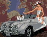 Dáma so psom na kabriolete, 80 × 100 cm, plátno napnuté na rám - Maľovanie podľa čísel