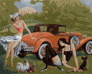 Dámy so psami na aute, 40×50 cm, vypnuté plátno na rám - Maľovanie podľa čísel