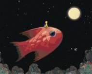 Chlapec s rybou mířící na měsíc, 80×100 cm, bez rámu a bez vypnutí plátna - Painting by Numbers