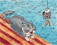Kočka chytá rybu, 80×100 cm, bez rámu a bez vypnutí plátna - Painting by Numbers