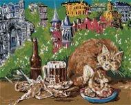 Mačka s jedlom na stole, 80 × 100 cm, plátno napnuté na rám - Maľovanie podľa čísel