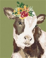 Kráva s květinou na zeleném pozadí (Haley Bush), 80×100 cm, bez rámu a bez vypnutí plátna - Painting by Numbers