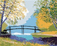 Les s lavičkou cez rieku, 80 × 100 cm, plátno napnuté na rám - Maľovanie podľa čísel