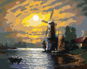 Měsíc, mlýn a loďka, 80×100 cm, bez rámu a bez vypnutí plátna - Painting by Numbers