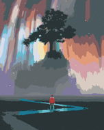 Muž přicházející k vesmírnému stromu, 80×100 cm, bez rámu a bez vypnutí plátna - Painting by Numbers