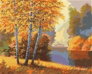 Jesenný les s riekou a jeleňmi, 80 × 100 cm, plátno napnuté na rám - Maľovanie podľa čísel