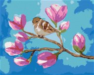 Sedící vrabec na větvi s květy magnólie, 80×100 cm, bez rámu a bez vypnutí plátna - Painting by Numbers