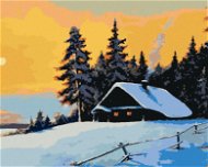 Srub v zimním lese a západ slunce, 80×100 cm, bez rámu a bez vypnutí plátna - Painting by Numbers