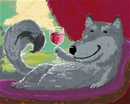 Sivýý vlk na pohovke s pohárom vína, 80 × 100 cm, plátno napnuté na rám - Maľovanie podľa čísel