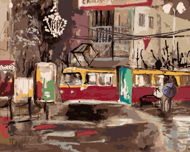 Tramvaj projíždějící nočním městem, 80×100 cm, bez rámu a bez vypnutí plátna - Painting by Numbers