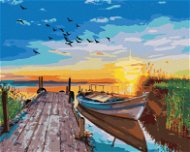 Západ slunce nad jezerem s loďkou, 80×100 cm, bez rámu a bez vypnutí plátna - Painting by Numbers