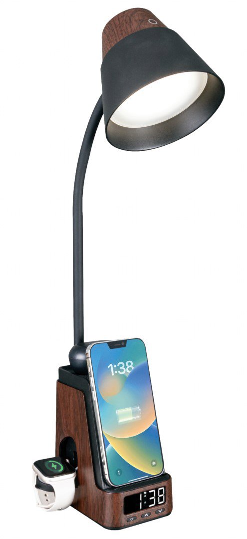 Immax IDEAL LED lámpa Qi töltéssel, CCT, sötét fa/fekete
