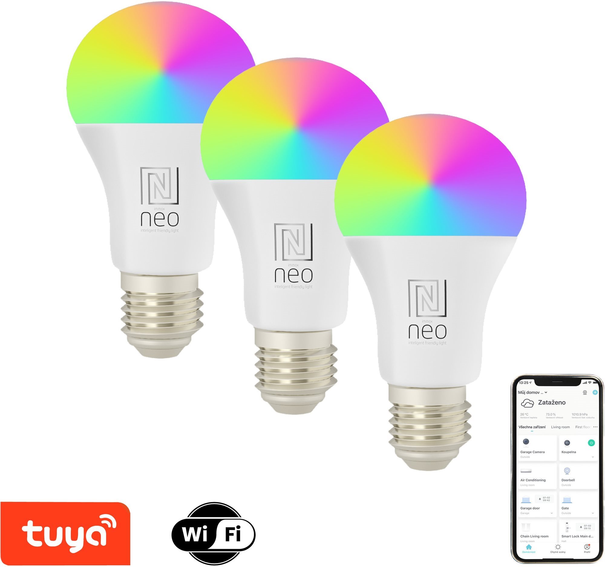 Immax NEO LITE E27 9W RGB+CCT, színes és fehér, WiFi, 3 darab