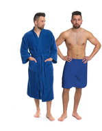 Interkontakt Sada Navy Blue: župan "Kimono" + pánský saunový kilt + osuška; velikost županu M - Bathrobe