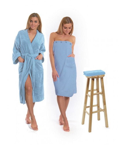 Interkontakt Set Light Blue: bathrobe KIMONO + sauna kilt + towel Size S - Bathrobe - Main image
