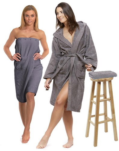 Interkontakt Set Dark Grey: bathrobe with hood + sauna kilt + towel Size M - Bathrobe - Main image