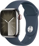 Apple Watch Series 9 41 mm Cellular Strieborný nerez s búrkovo modrým športovým remienkom – S/M - Smart hodinky