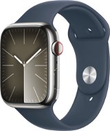 Apple Watch Series 9 45 mm Cellular Strieborný nerez s búrkovo modrým športovým remienkom – S/M - Smart hodinky