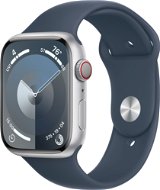 Apple Watch Series 9 45 mm Cellular Strieborný hliník s búrkovo modrým športovým remienkom – S/M - Smart hodinky