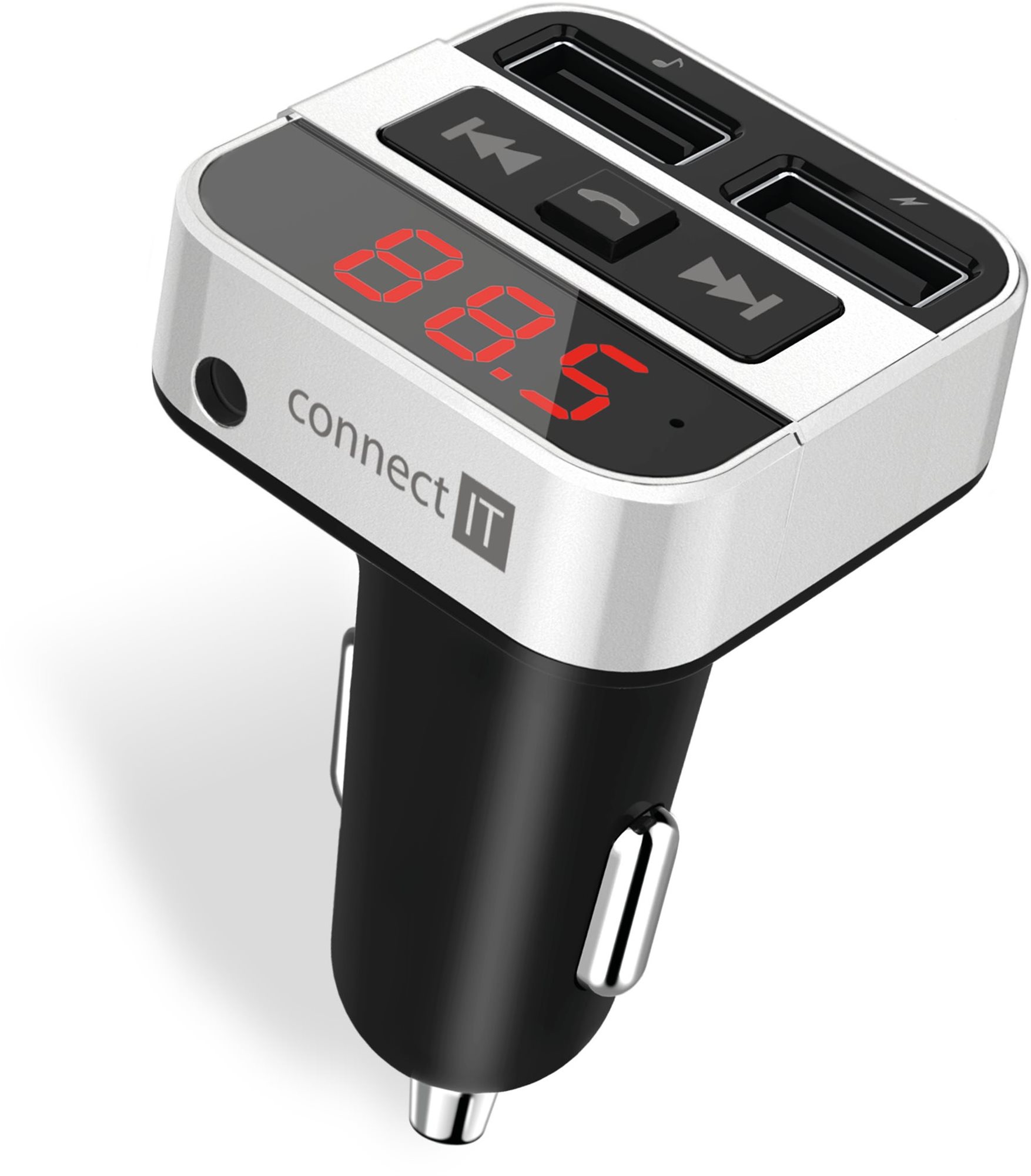 CONNECT IT InCarz vezeték nélküli FM transzmitter, 2xUSB+3,5 mm-es AUX, EZÜST