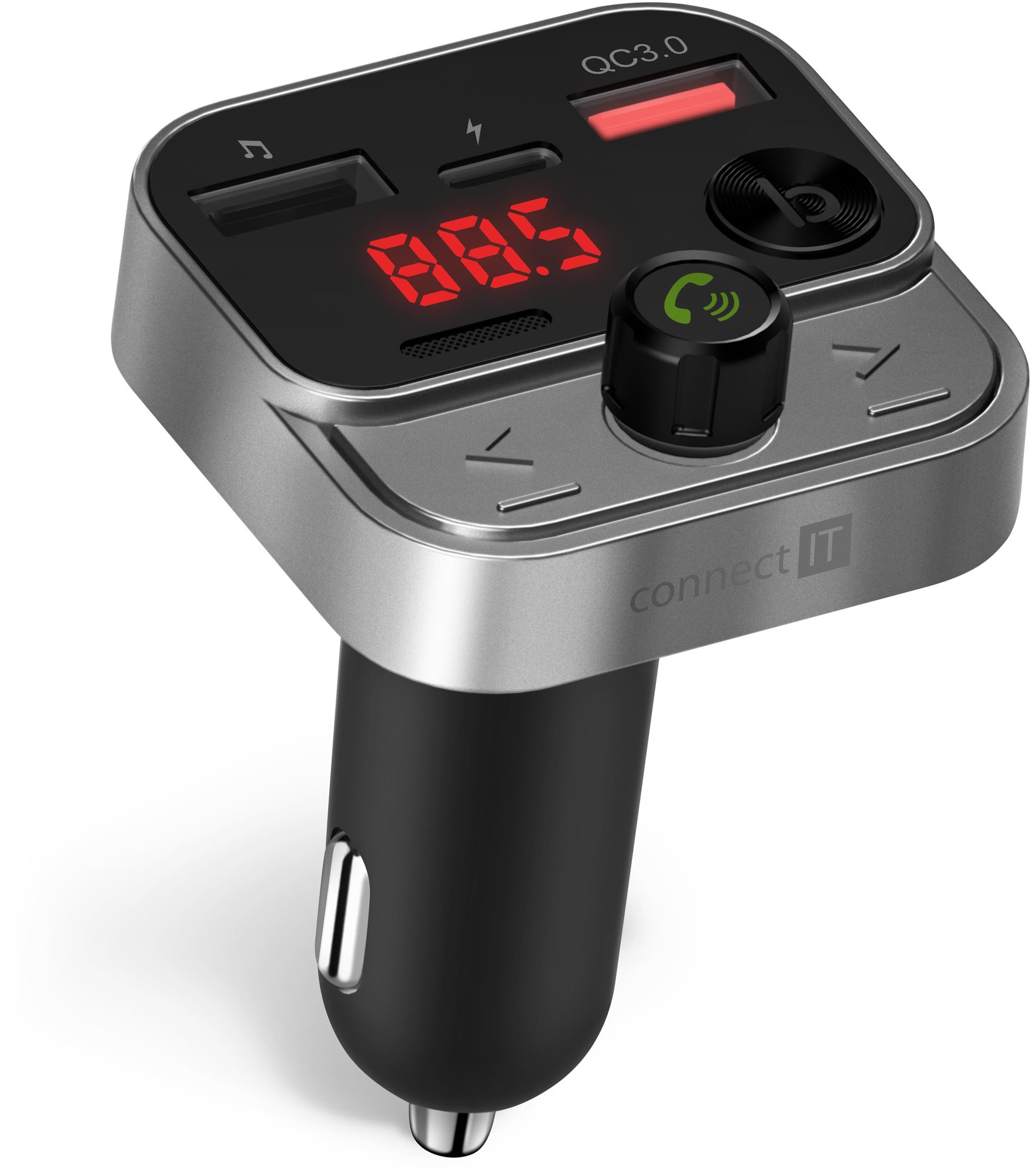 CONNECT IT InCarz Vezeték nélküli FM transzmitter, 2x USB-A + 1x USB-C, ANTRACITE