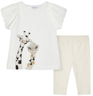 MAYORAL girls set 2pcs t-shirt KR with giraffe and 3/4 shiny leggings, white/cream - 110 cm - Clothes Set