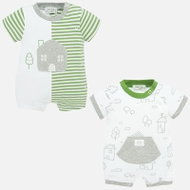 MAYORAL boys set 2 short overalls green stripes, white with grey pictures - Baby Romper