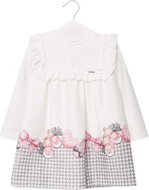 MAYORAL girls dress with DR, decorated with ruffles - white/ grey/ pink shoes and bow - 86 cm - Baby dress