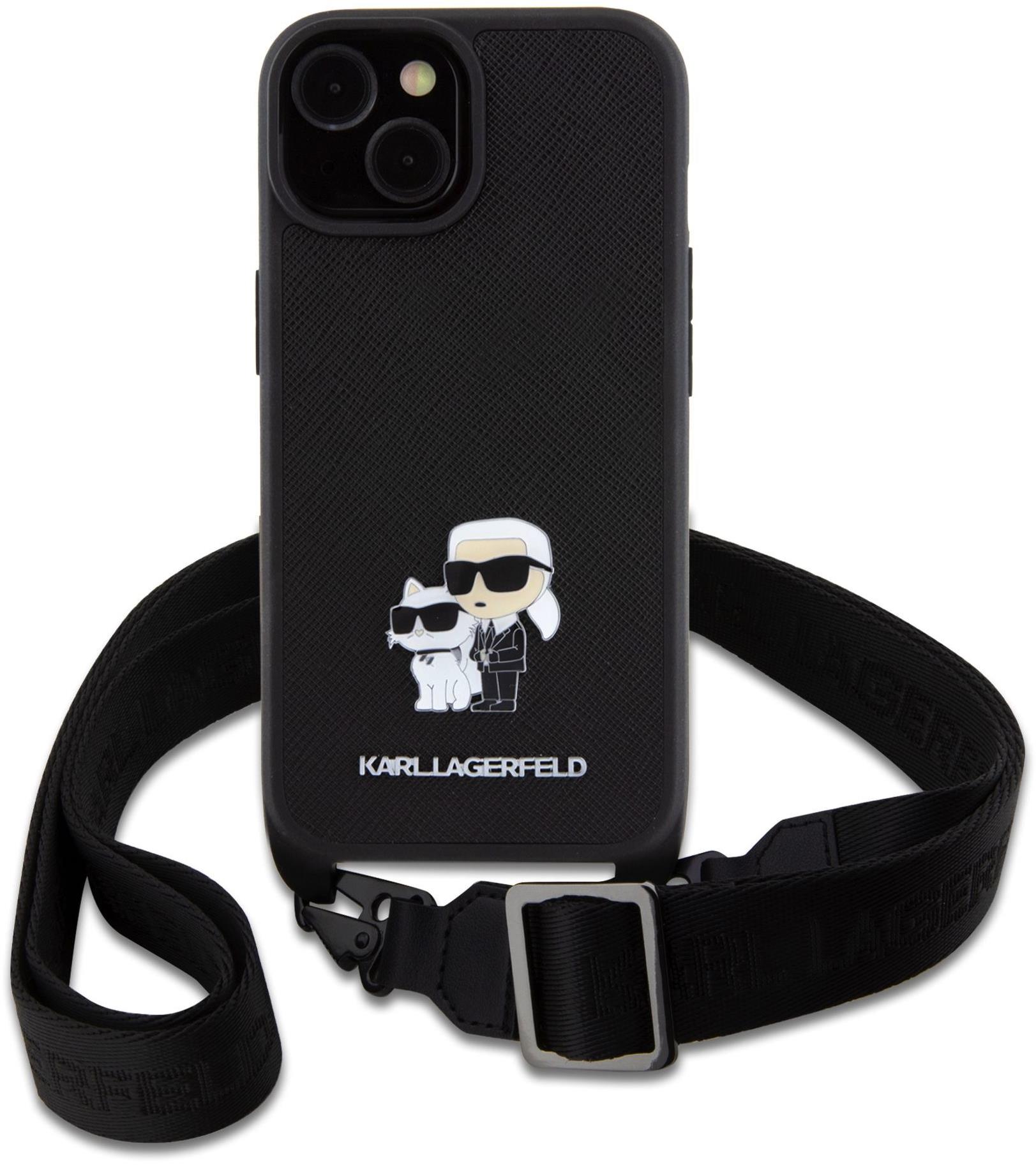 Karl Lagerfeld Saffiano Crossbody Metal Karl and Choupette iPhone 15 fekete tok