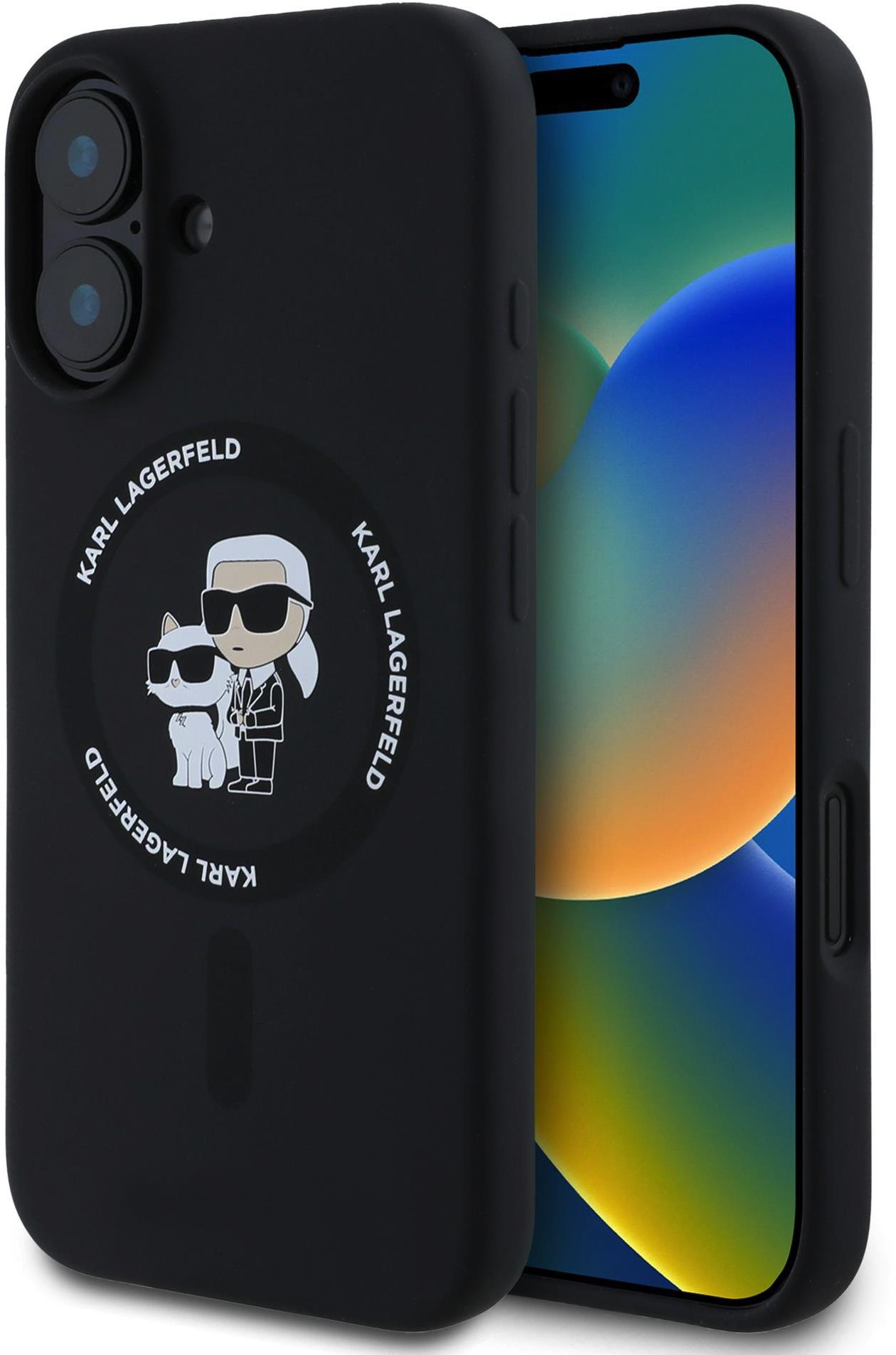 Karl Lagerfeld Liquid Silicone Karl and Choupette iPhone 16 Plus MagSafe fekete tok