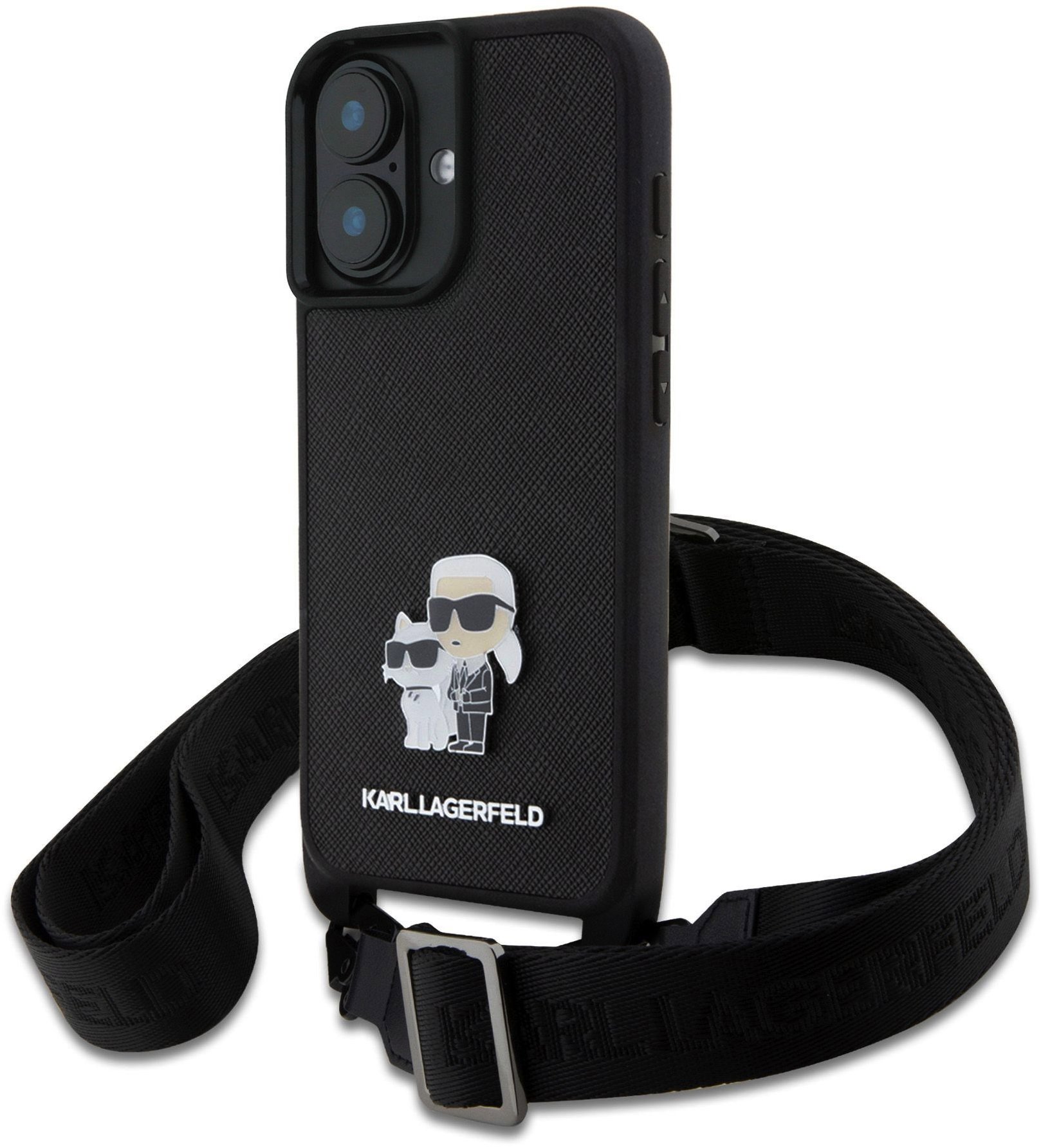 Karl Lagerfeld Saffiano Crossbody Metal Karl and Choupette iPhone 16 Plus fekete keresztpántos tok