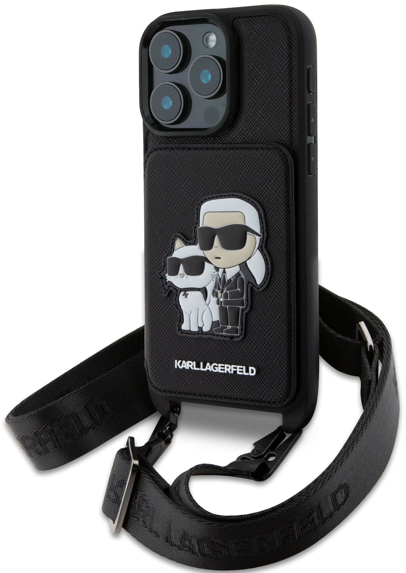 Karl Lagerfeld Saffiano Crossbody Karl and Choupette iPhone 16 Pro fekete keresztpántos tok