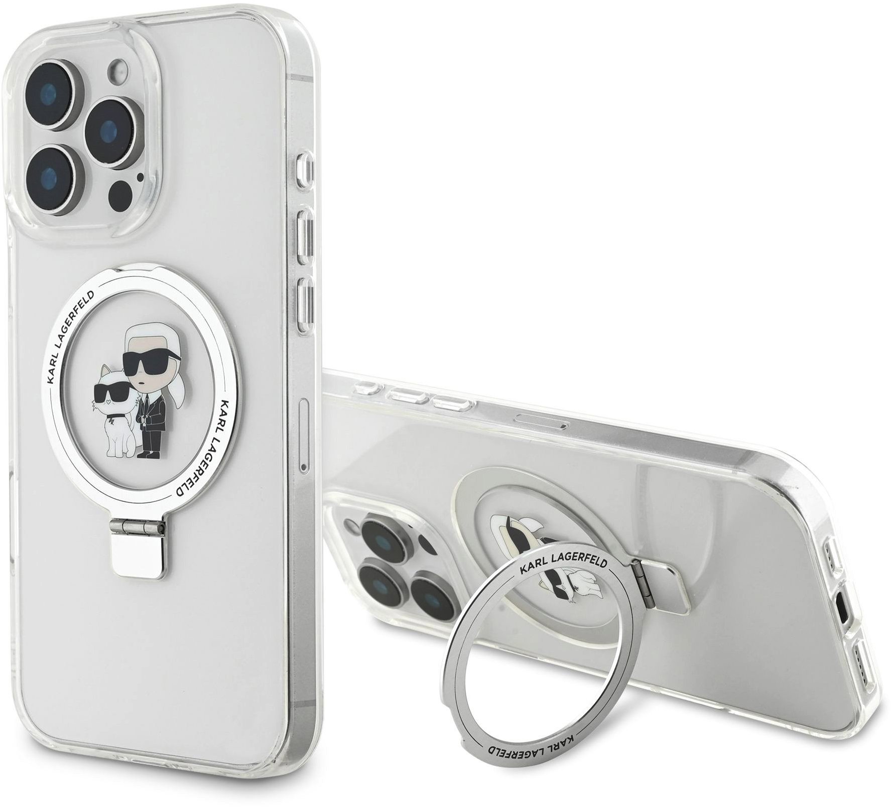 Karl Lagerfeld Ringstand Karl and Choupette iPhone 16 Pro Max fehér MagSafe tok