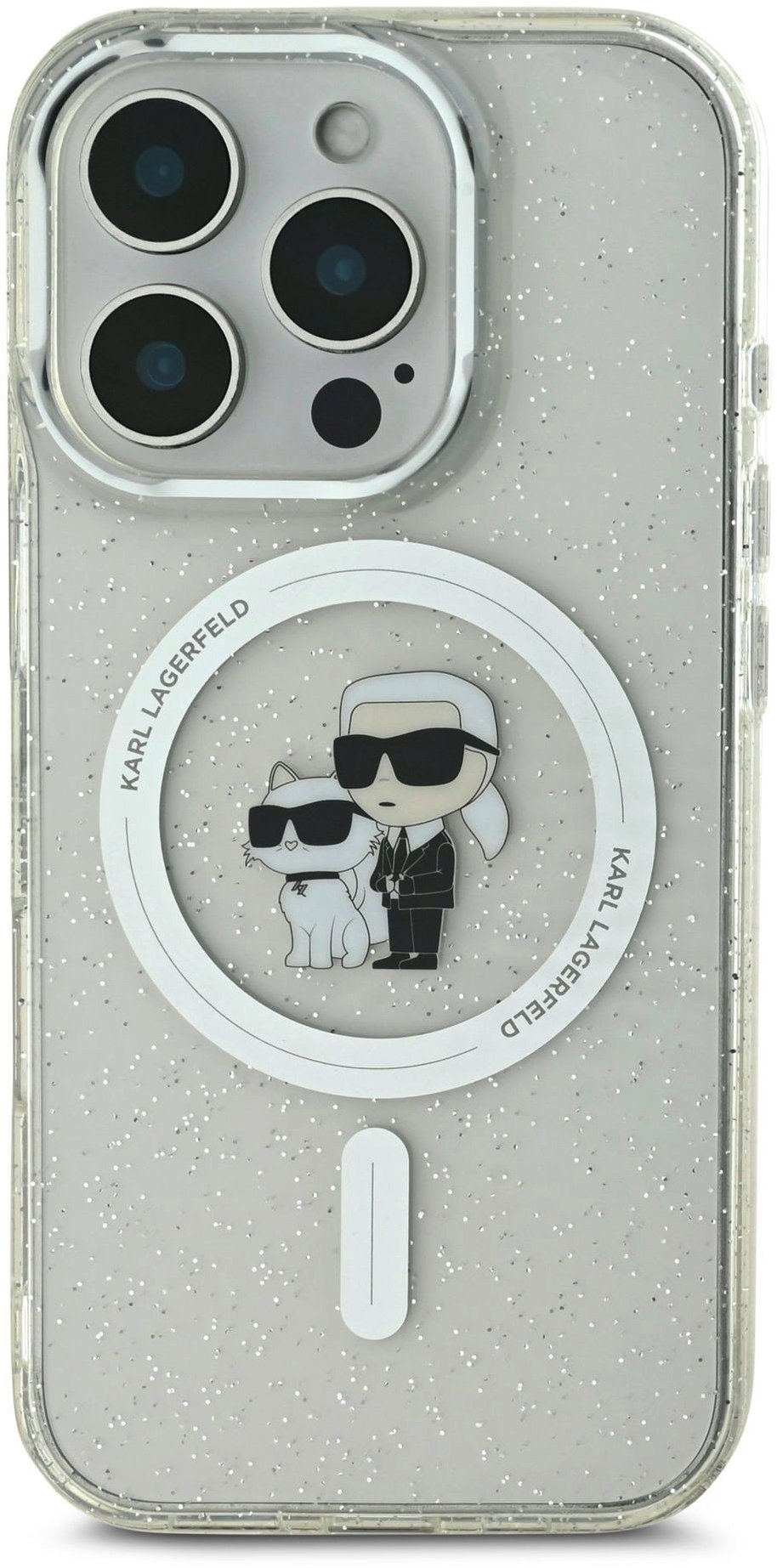 Karl Lagerfeld IML Glitter Karl and Choupette iPhone 16 Pro Max átlátszó MagSafe tok