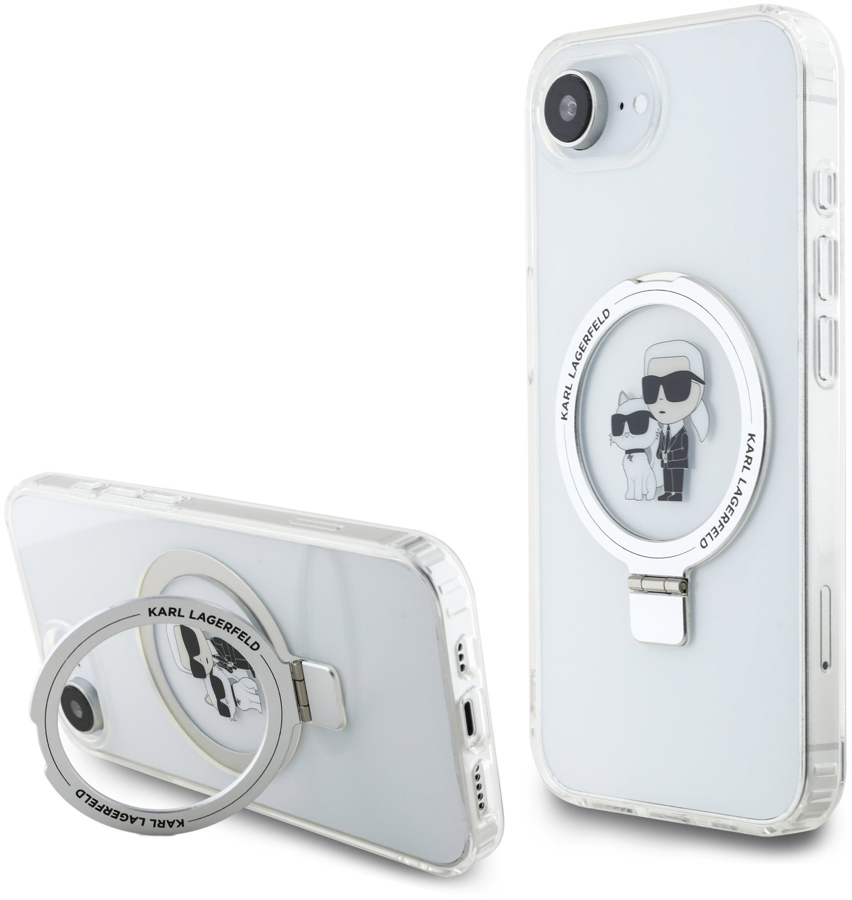 Karl Lagerfeld Ringstand Karl and Choupette iPhone 16e fehér MagSafe tok