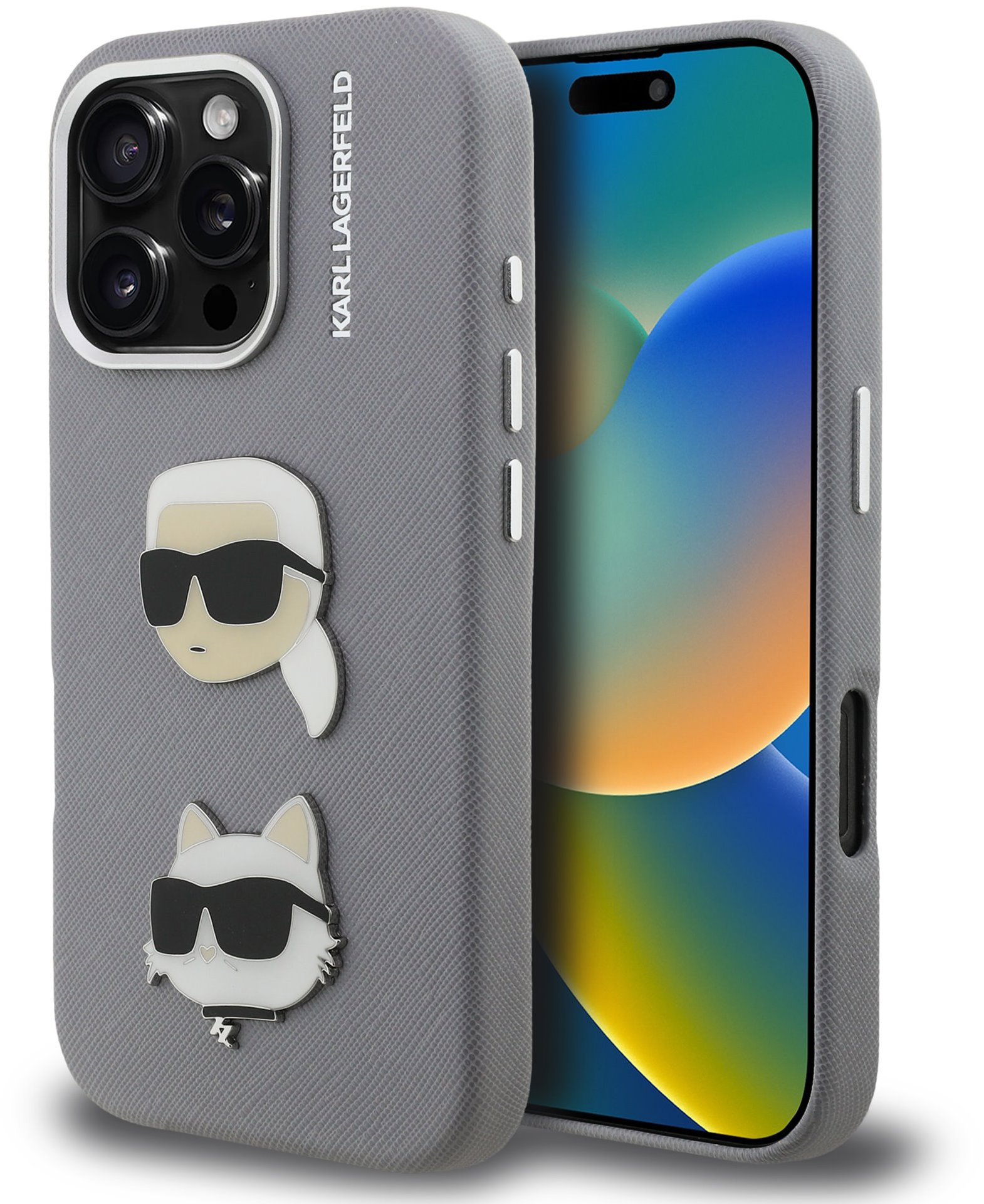 Karl Lagerfeld Grained PU K&CH Heads iPhone 16 Pro Grey tok
