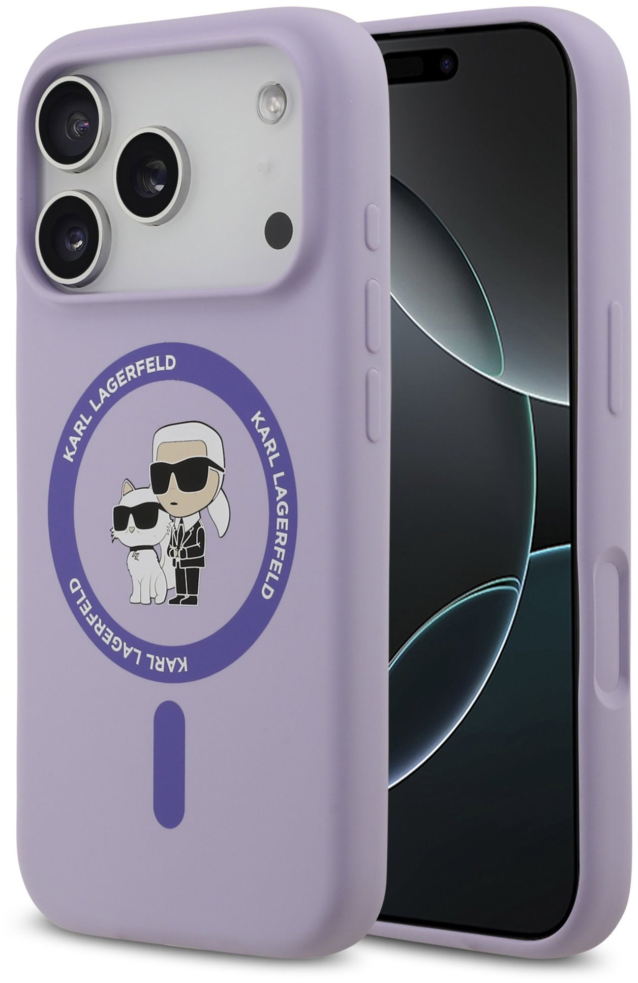 Karl Lagerfeld Liquid Karl and Choupette iPhone 17 Pro lila szilikon MagSafe tok